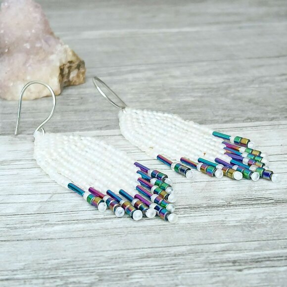 Hematite Beaded Fringe Cascade Dangle Earrings, Rainbow Earrings, 2.5" - Picture 5 of 7